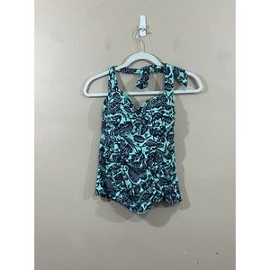 Lands End Womens Tropical Halter Tankini Top 6 Blue Hawaiian Ruched Built-in Bra